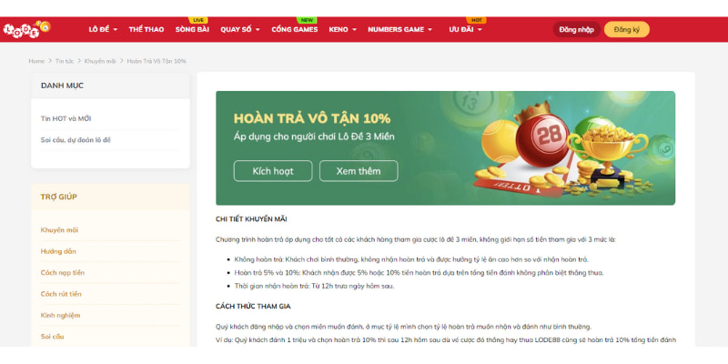 hoàn trả 10% xổ số lode88